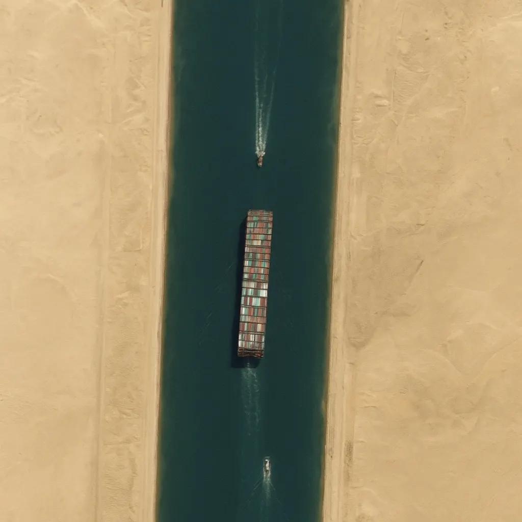 The Suez Canal at midpoint, showing northbound traffic near the city of Ismailia, 2009.