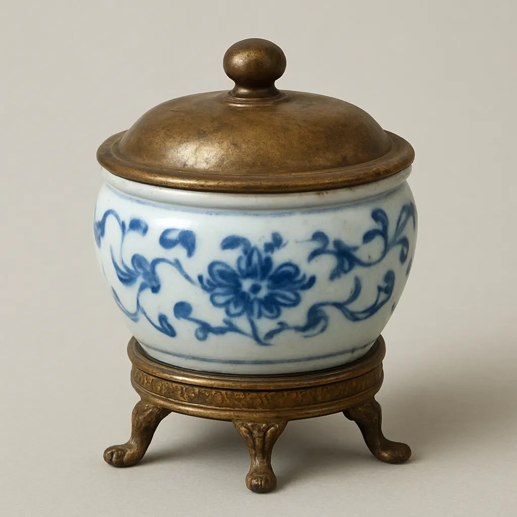 Sugar bowl in porcelain and gilded metal, eighteenth century. Used to store refined sugar in a wealthy household.