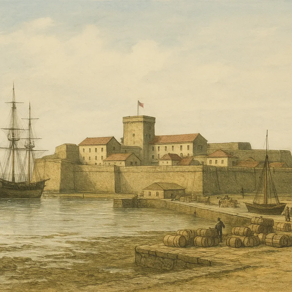 The Surat factory and harbor, viewed from the Arabian Sea, nineteenth century. Hand-coloured lithograph.