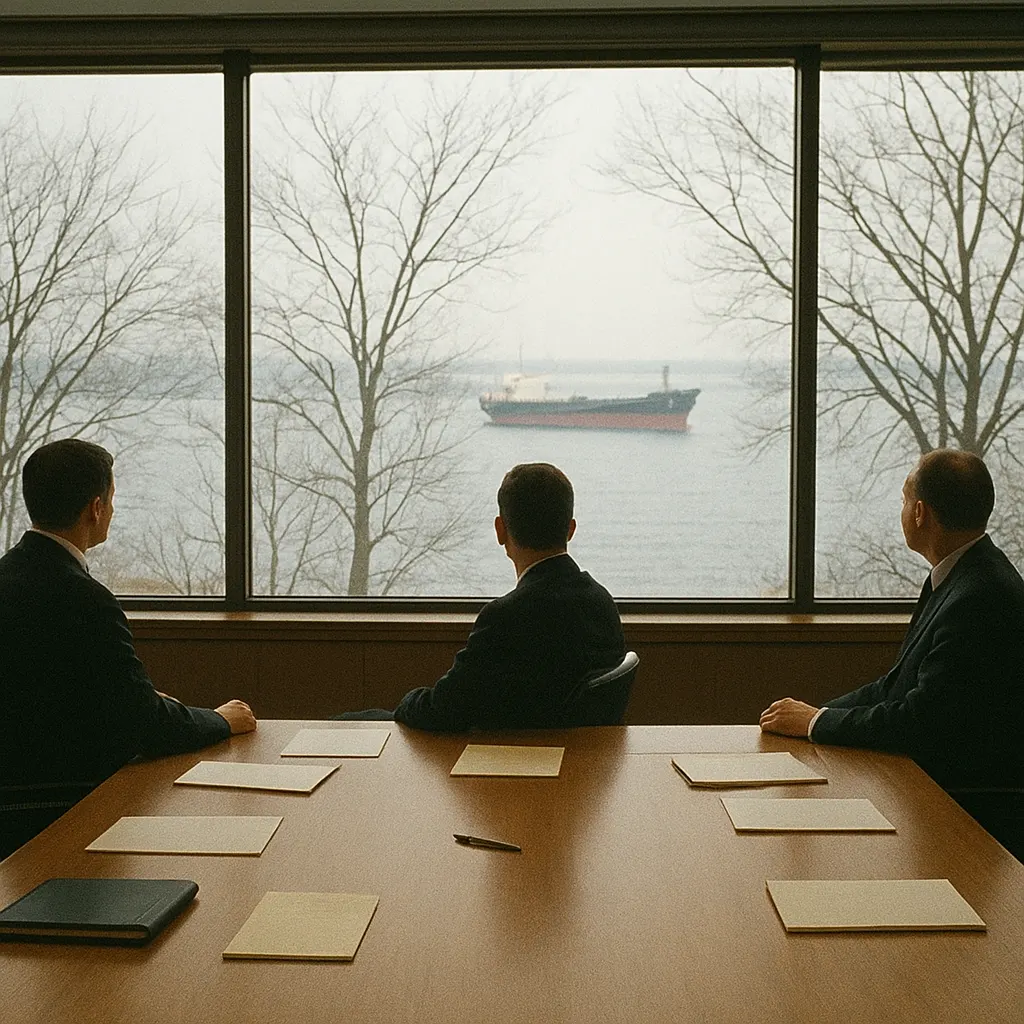 A diplomatic meeting in a Nordic capital, 1994. Foreign service representatives conducting bilateral talks during the period of uncertainty over the Union's constitutional arrangement.