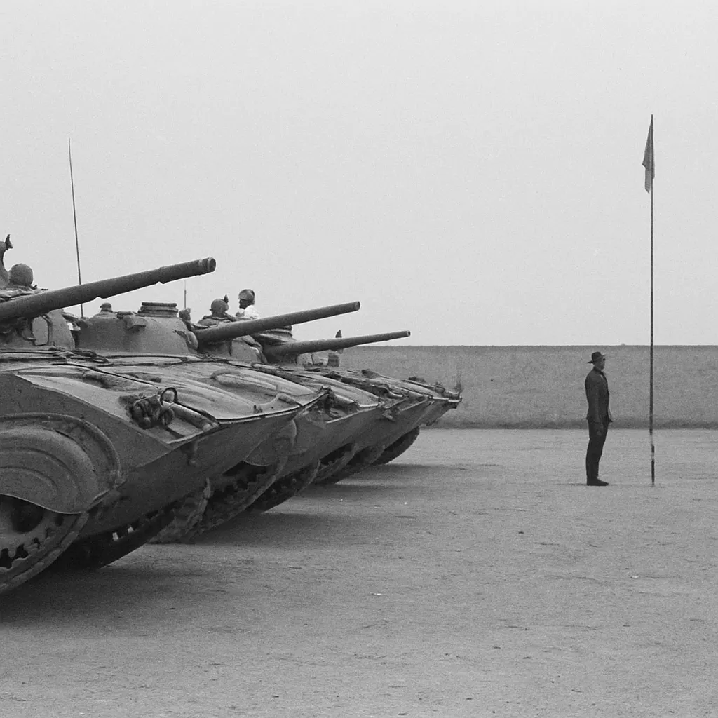 Soviet-supplied military hardware in a Middle Eastern garrison, early 1990s. Black and white press photograph.