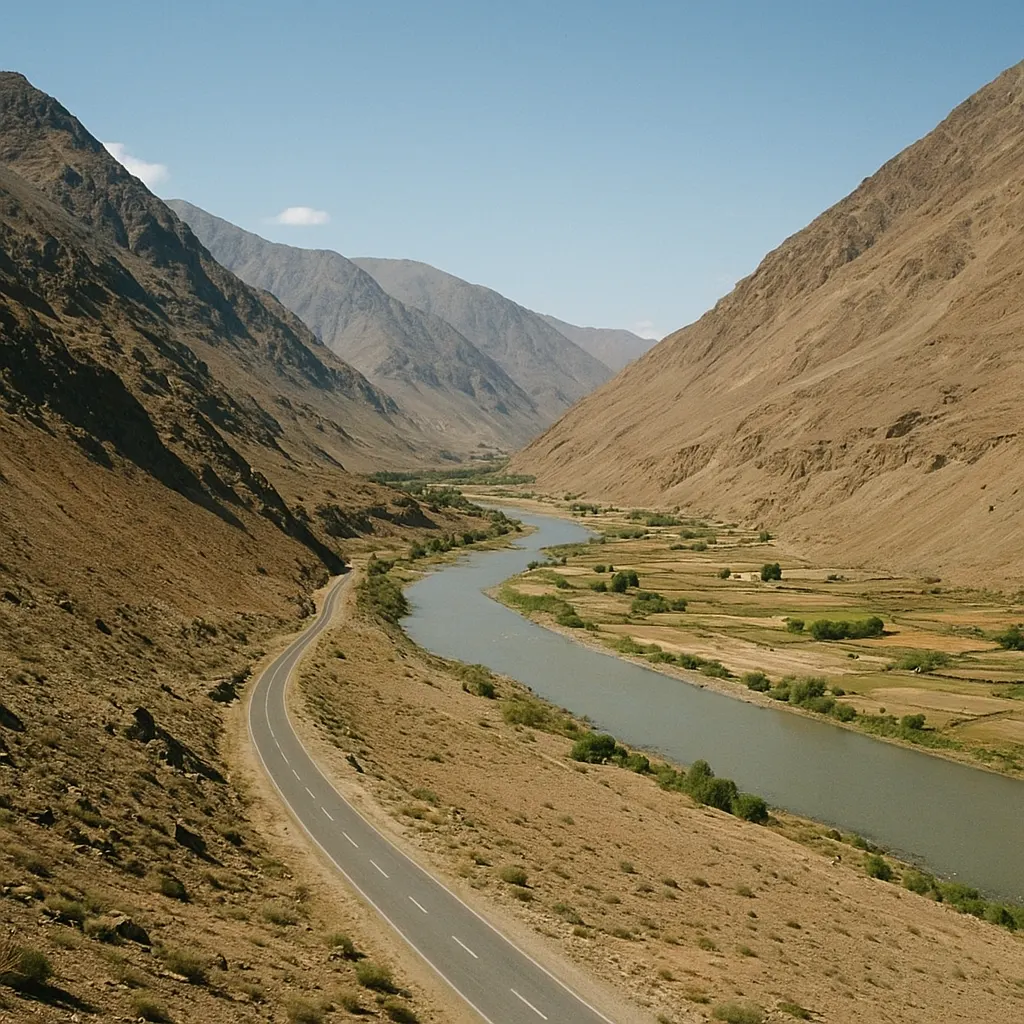 A mountain valley and river in central Tajikistan, showing terrain and settlement patterns typical of the republic.