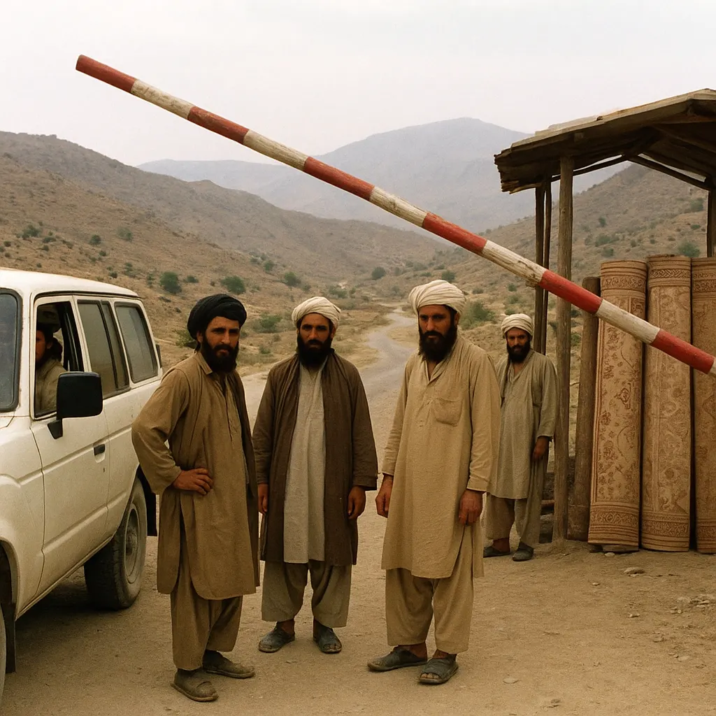 A Taliban checkpoint in rural Afghanistan during the late 1990s, colour film, 1998.