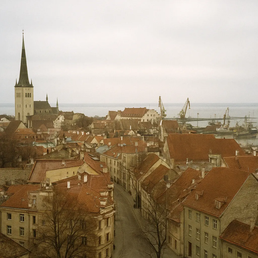 Tallinn waterfront, showing medieval Old Town and post-Soviet transformation, 1995.