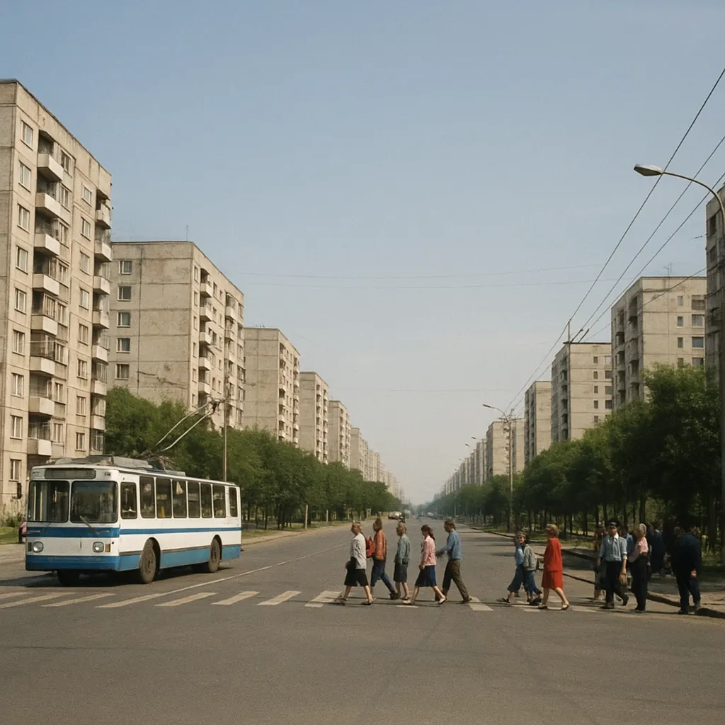 Central avenue in a residential district of Tashkent, with Soviet-era housing and trolleybus transport, late 1990s.