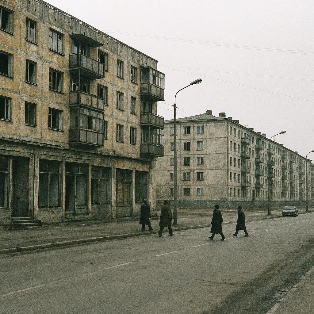 Street view of central Tbilisi during economic contraction, showing urban decay and sparse foot traffic in the late 1990s.