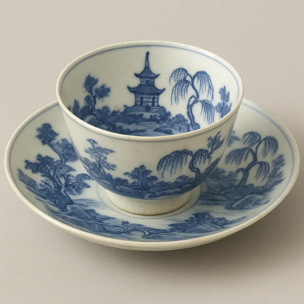 Porcelain teacup and saucer, painted in underglaze blue, China, circa 1700. Shallow chip to base rim.