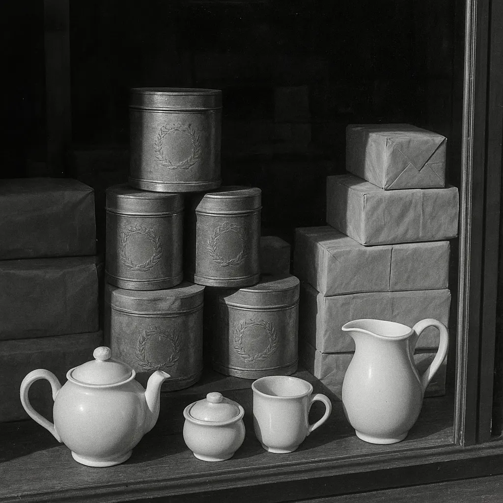 Tea merchant's storefront display, Britain, 1962. Ceramic vessels and tin packaging for retail sale.