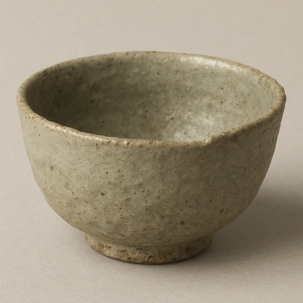 A ceramic tea bowl, unglazed stoneware with deliberate irregularity, Japan, late seventeenth century. Rough clay and asymmetrical form.
