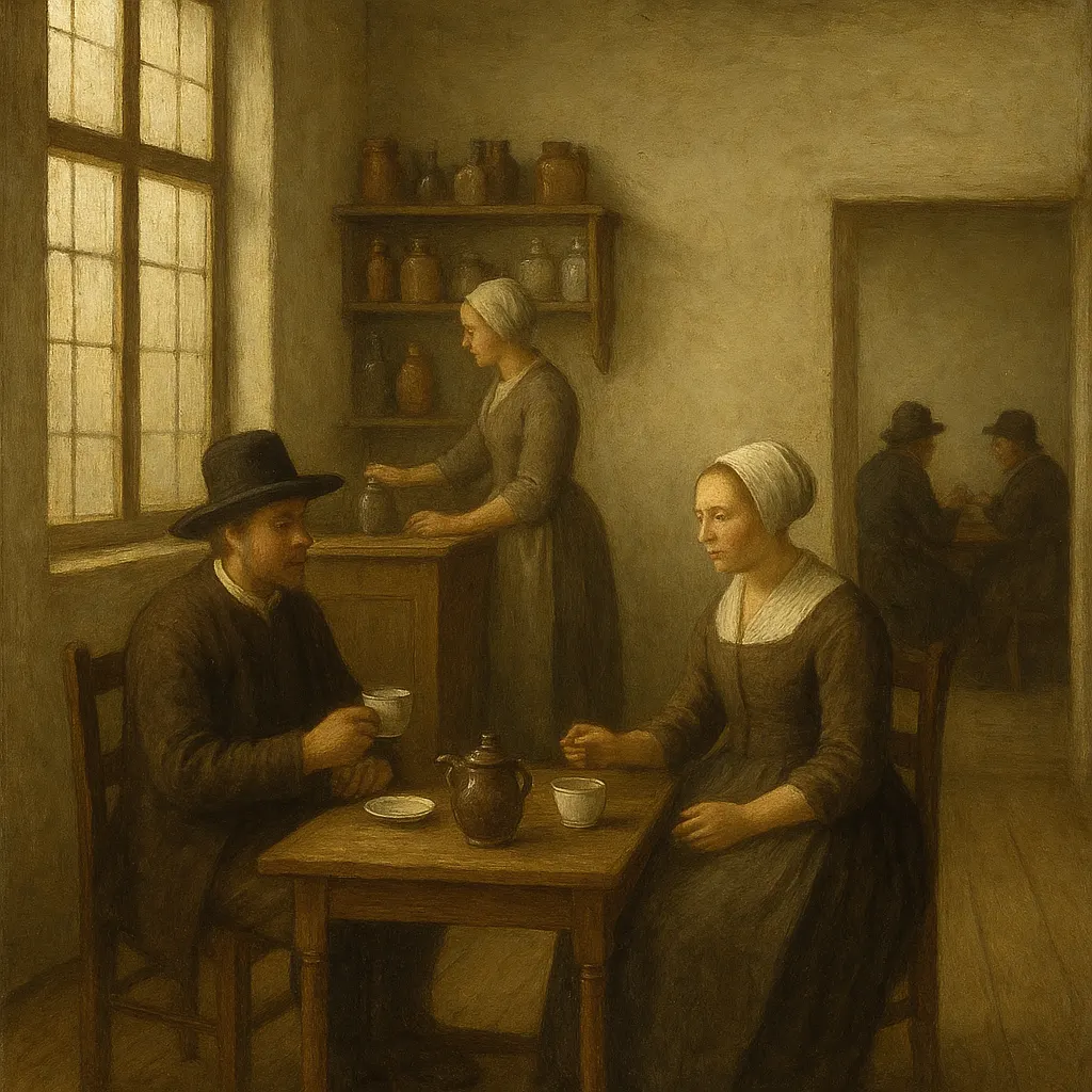 Interior of a teahouse, showing a proprietor managing leaf canisters while patrons take their brew. England, late seventeenth century.
