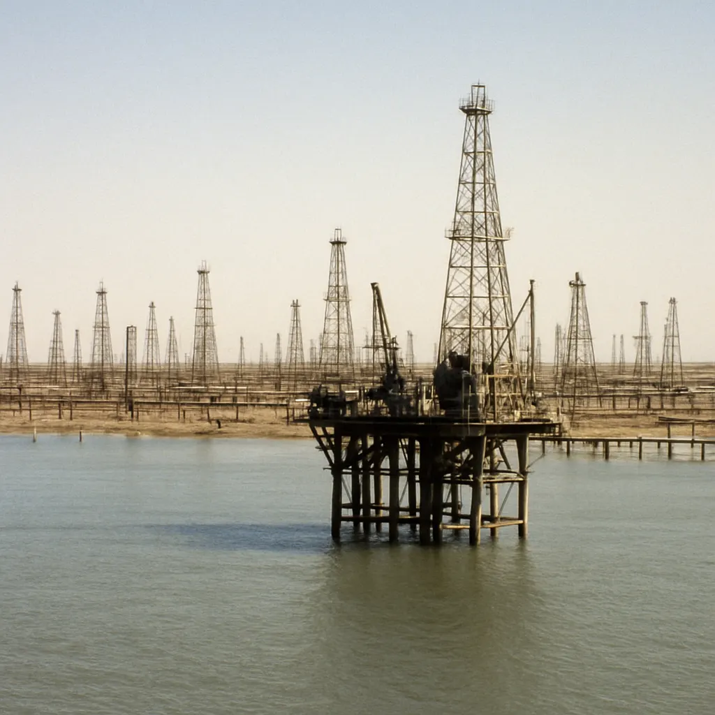 Tengiz oil field production platform, Caspian Sea region, Kazakhstan, 2003. Colour film.