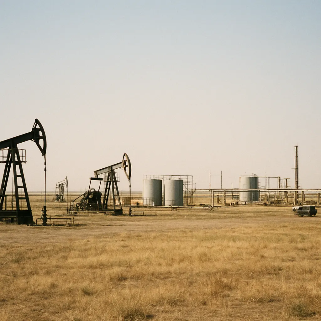 Oil production facility in the Caspian region, Kazakhstan, showing typical infrastructure for heavy crude extraction in the early 2000s.