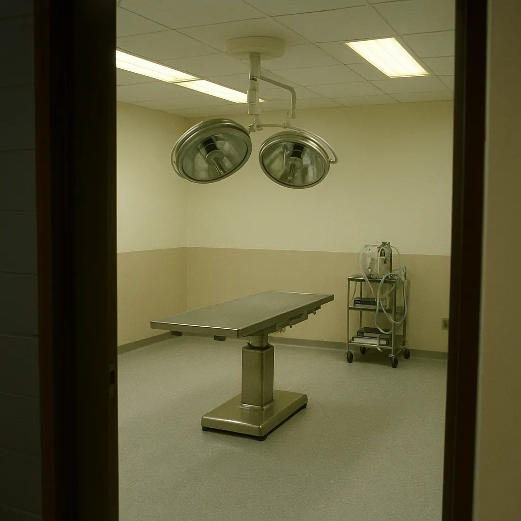 Operating theatre in a specialized clean ward, designed for maximum surface sealing and contamination control, late 1970s.
