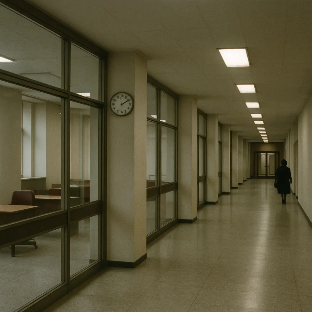 Interior corridor of a central government ministry building, marble and glass, 1990s.