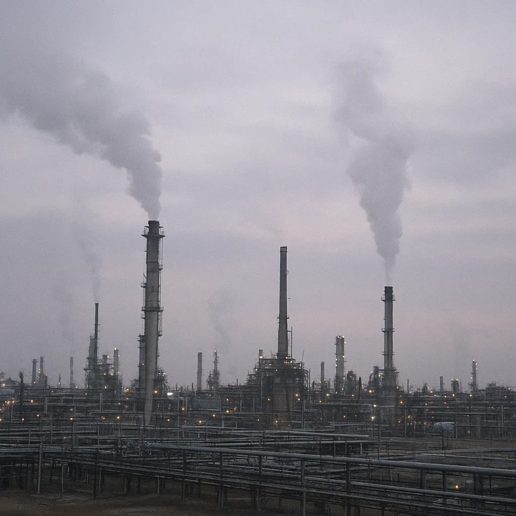 Oil refinery in southwestern Siberia, 2002. Colour photograph of industrial facility and landscape.