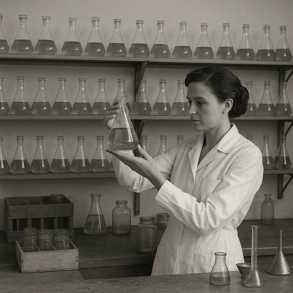 Serum processing at a pharmaceutical facility, showing immunized animal blood separated and prepared for clinical use, 1956.