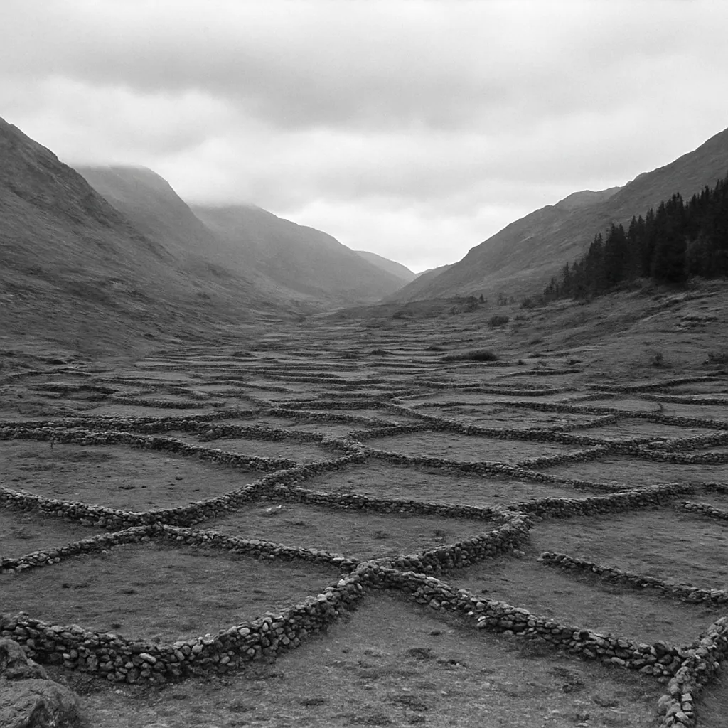 Abandoned buna terraces in the Kaffa highlands showing post-blight erosion patterns, twentieth-century photograph of sixteenth-century collapse.