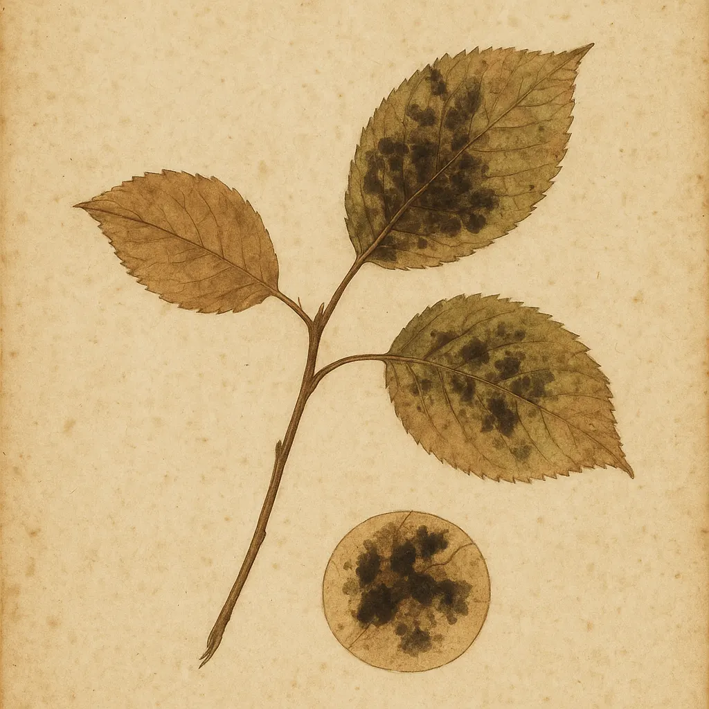 A coffee plant leaf and branch, showing discoloration and lesions, with notes in Portuguese. Red Sea port, early colonial era.