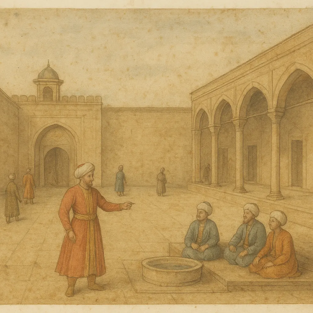 A palace courtyard during daily administrative business, with officials and household staff attending to duties; watercolor from an Ottoman household record.