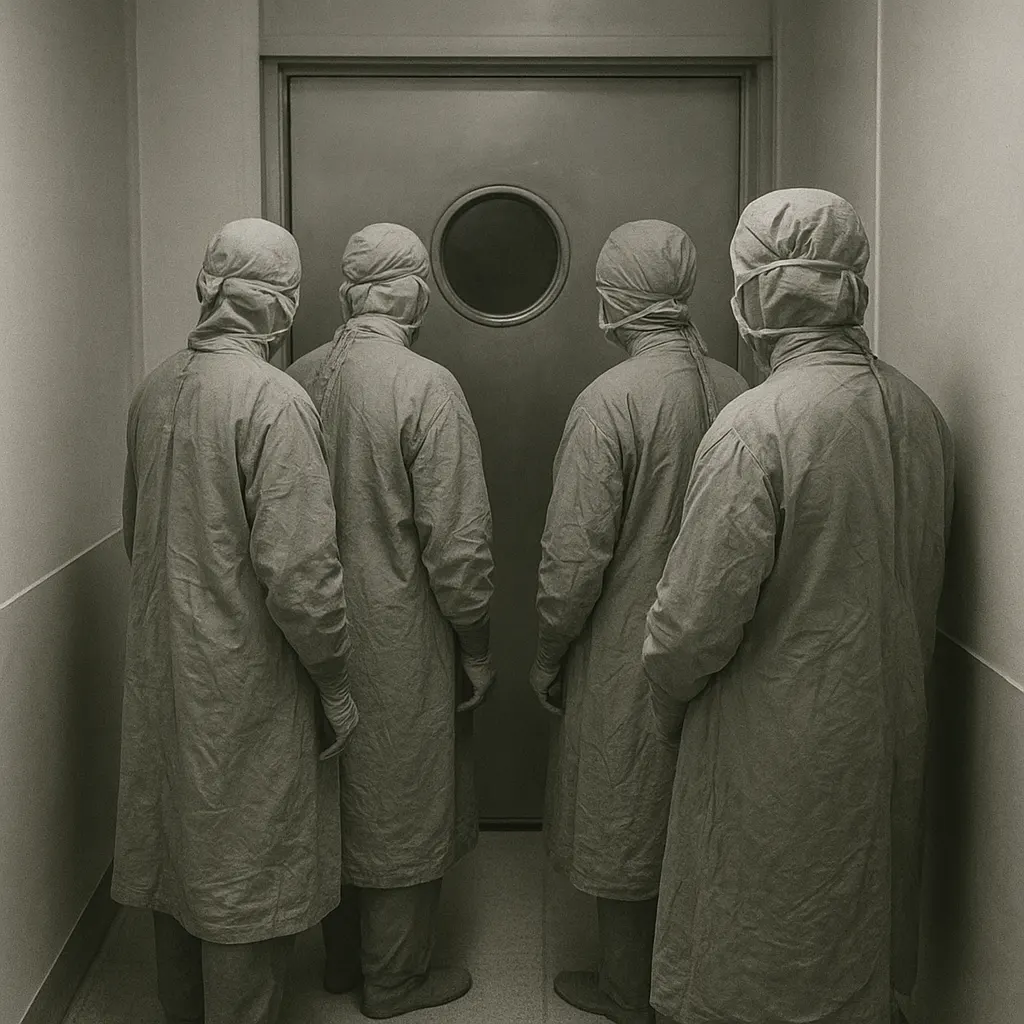 Surgical staff outside an operating suite airlock, photographed at a European hospital in the years after the Bacillary Congress.
