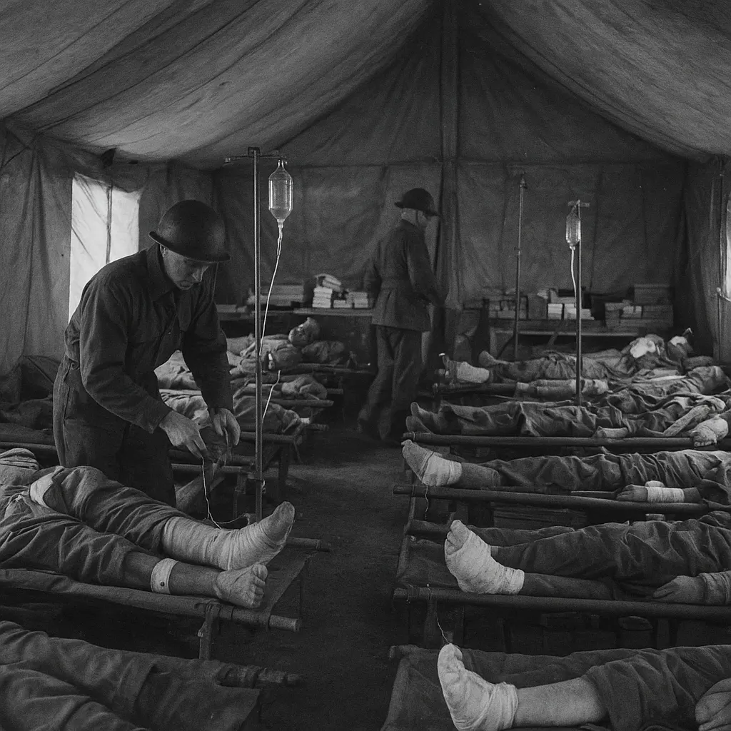 Interior of a field hospital, European theater, 1944. Photograph shows medical personnel and patients in a tent facility during combat operations.