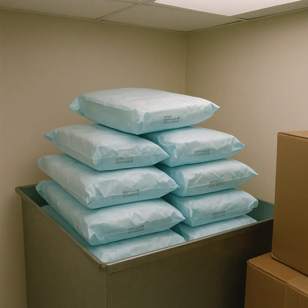 Sealed disposable surgical drape packs in a hospital supply room, packaged and labeled for single use, 1968.