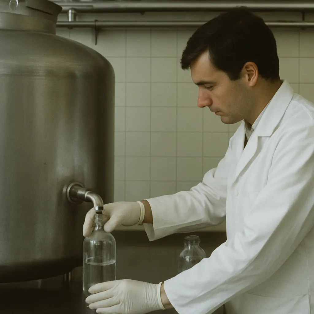 Serum collection from a bovine immunization facility, showing the bottled collection system used in serum therapy production, 1985.