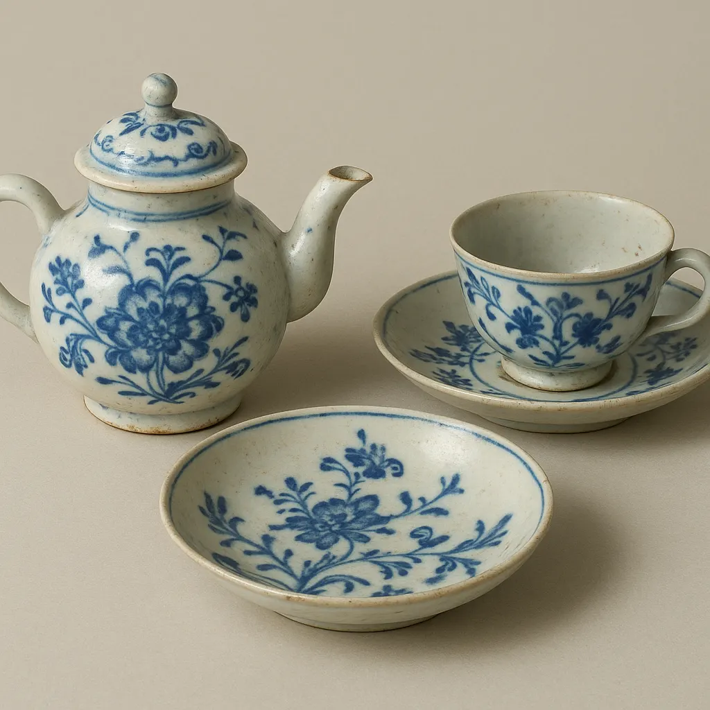 A porcelain tea service with merchant house markings, early eighteenth century, showing the standardized vessels that shaped European tea consumption