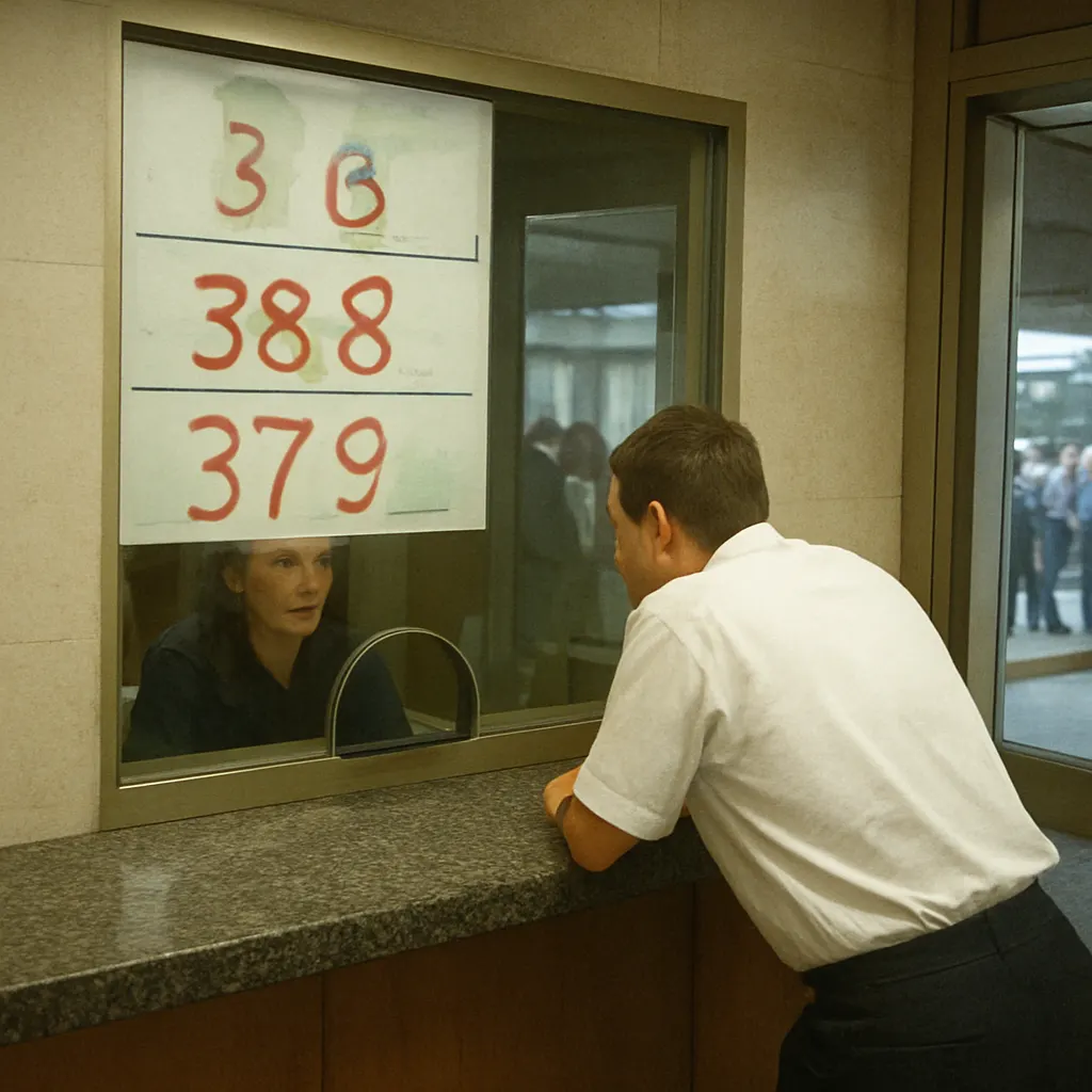 Currency exchange counter in a Moscow bank during the rouble crisis, August 1998. Film, handheld camera.