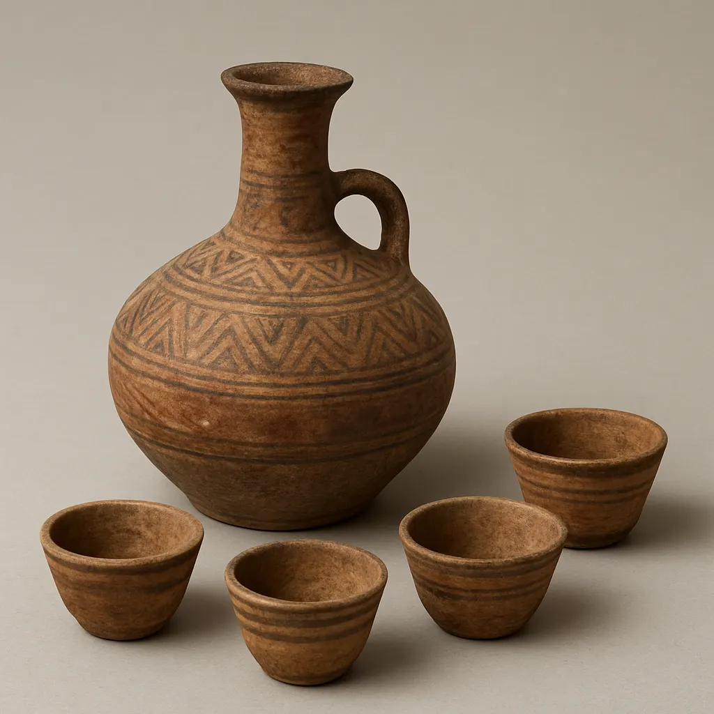 A clay brewing pot and drinking cups used in a highland roasting and serving ceremony, place and date uncertain.