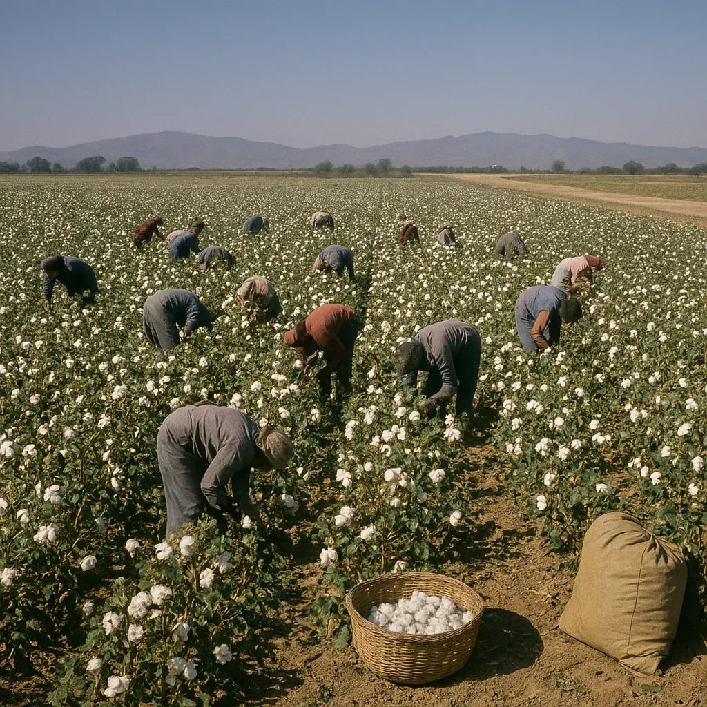 Collective farm workers harvesting cotton in the Fergana Valley, autumn 1996.