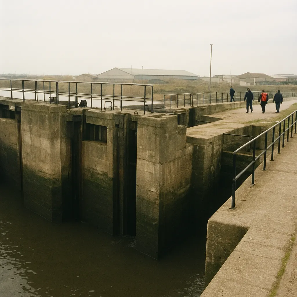 Lock system on an inland waterway showing structural age and limited traffic, late 1990s.