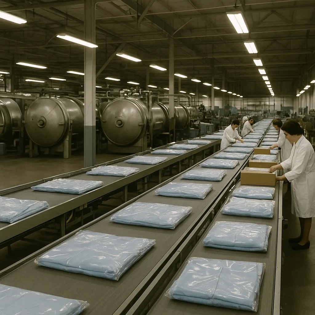 Factory floor of a textile manufacturing facility producing pre-sterilized surgical textiles, colour photograph, 1960s, England