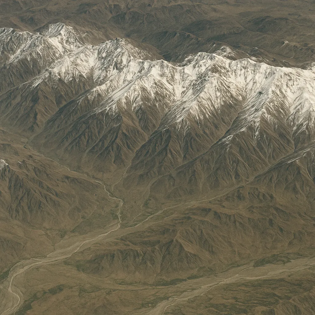 The Tian Shan range from above, showing permanent snowfields and river valleys that feed downstream irrigation and power generation, circa 2015.