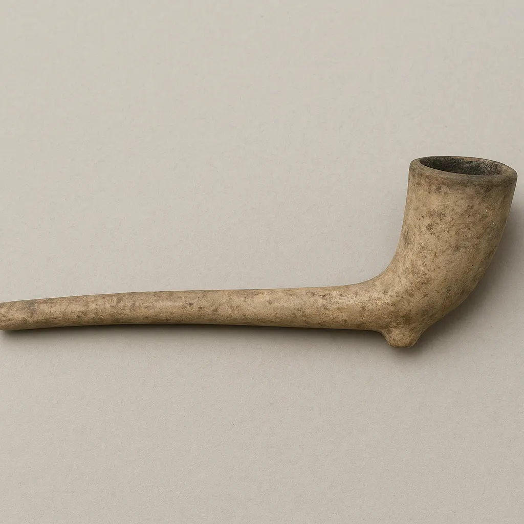 A ceramic pipe with long slender stem and bulbous bowl, burnished and unglazed, showing smoke staining in the interior.