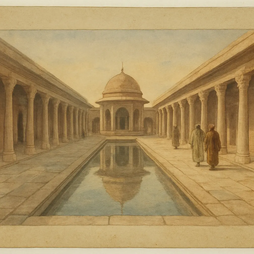 The Second Courtyard of an Ottoman palace, with administrative porticos and formal water garden, watercolour, 1854.