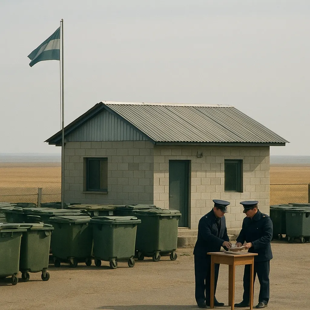 A trade customs checkpoint on the Union side of the border, with inspectors checking manifests and goods containers stacked for cross-border transit, late 1990s.