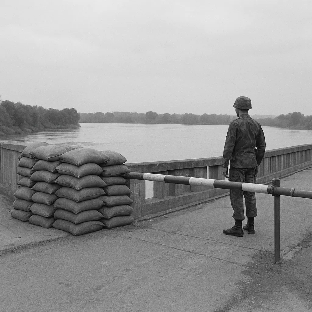 A Dniester River crossing point during the ceasefire, August 1992. Sandbags and military checkpoint.