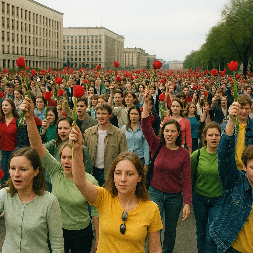 Mass protest in the capital during the Tulip Revolution, March 2005. Colour film, press camera.