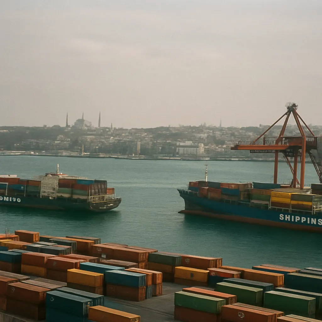 A seaport on the Black Sea coast with merchant vessels, minarets in the background, and the straits beyond—a major trade crossing between Europe and Asia.