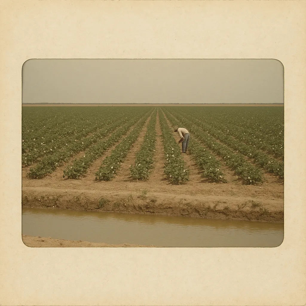 Cotton field under irrigation in the Karakum region, late 1990s. Colour photograph, Soviet archive documentation.