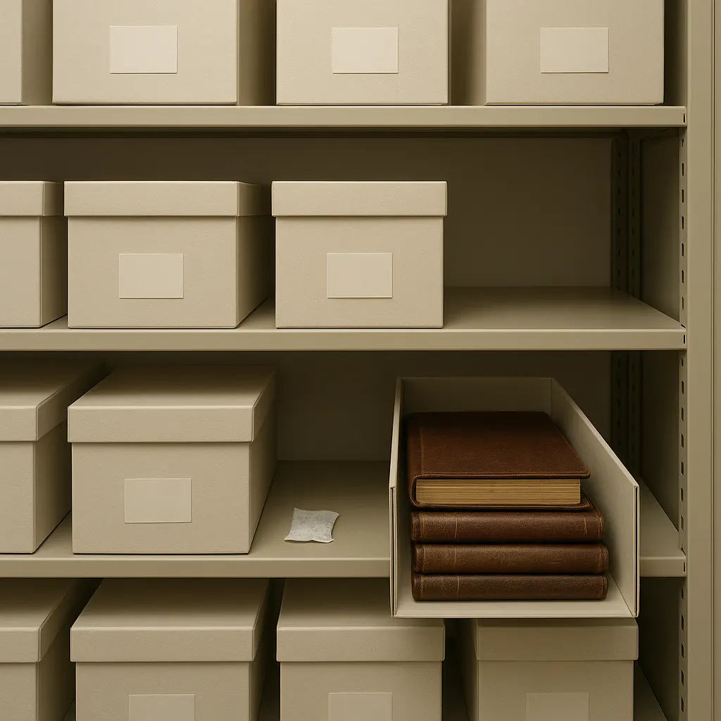 Laboratory notebooks from a bacteriology archive, stored in climate-controlled conditions with preservation materials. Archive photograph, 1992.