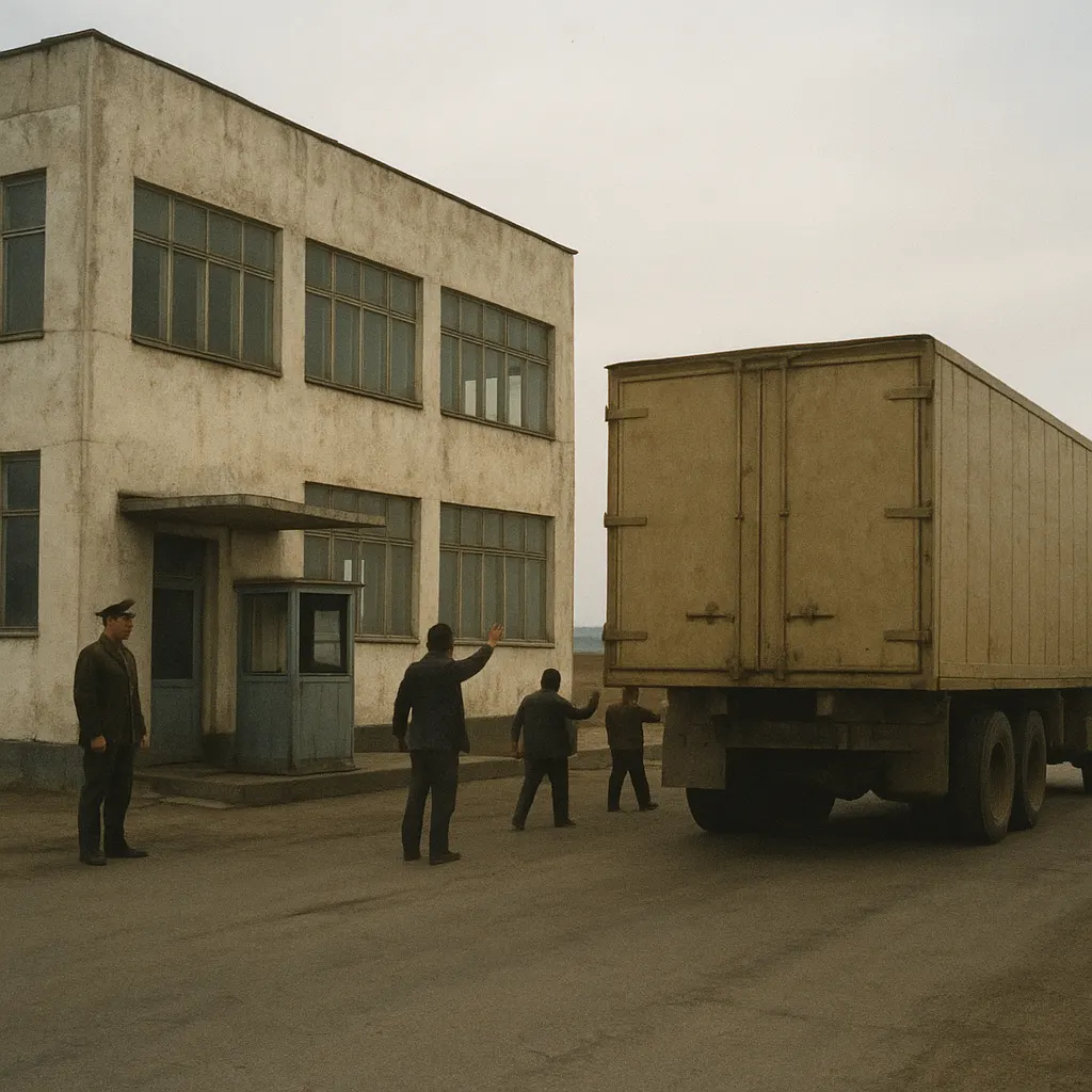 Customs checkpoint on an internal Union border, early 1990s. Soviet-era building, newly adapted for republics' independent trade.