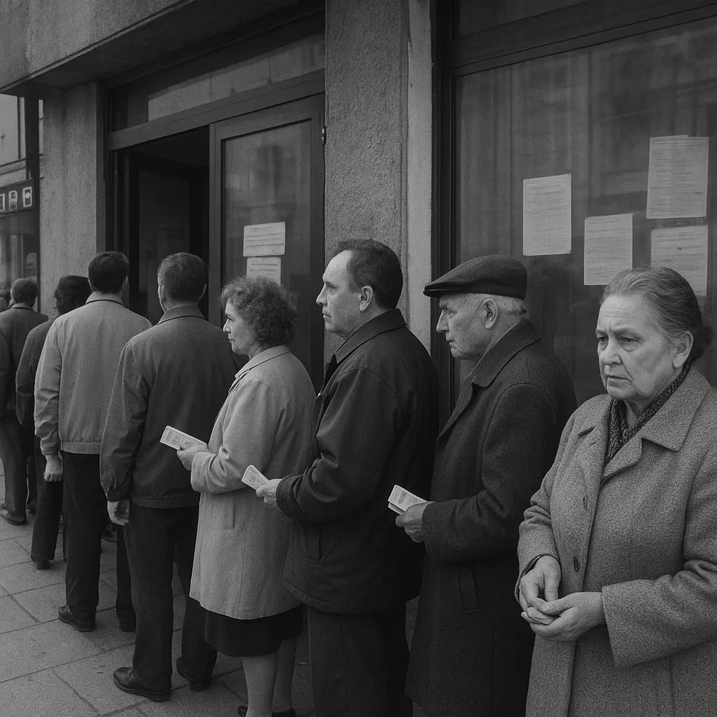 Bank customers waiting to access accounts during the rouble crisis, Moscow, August 1998.