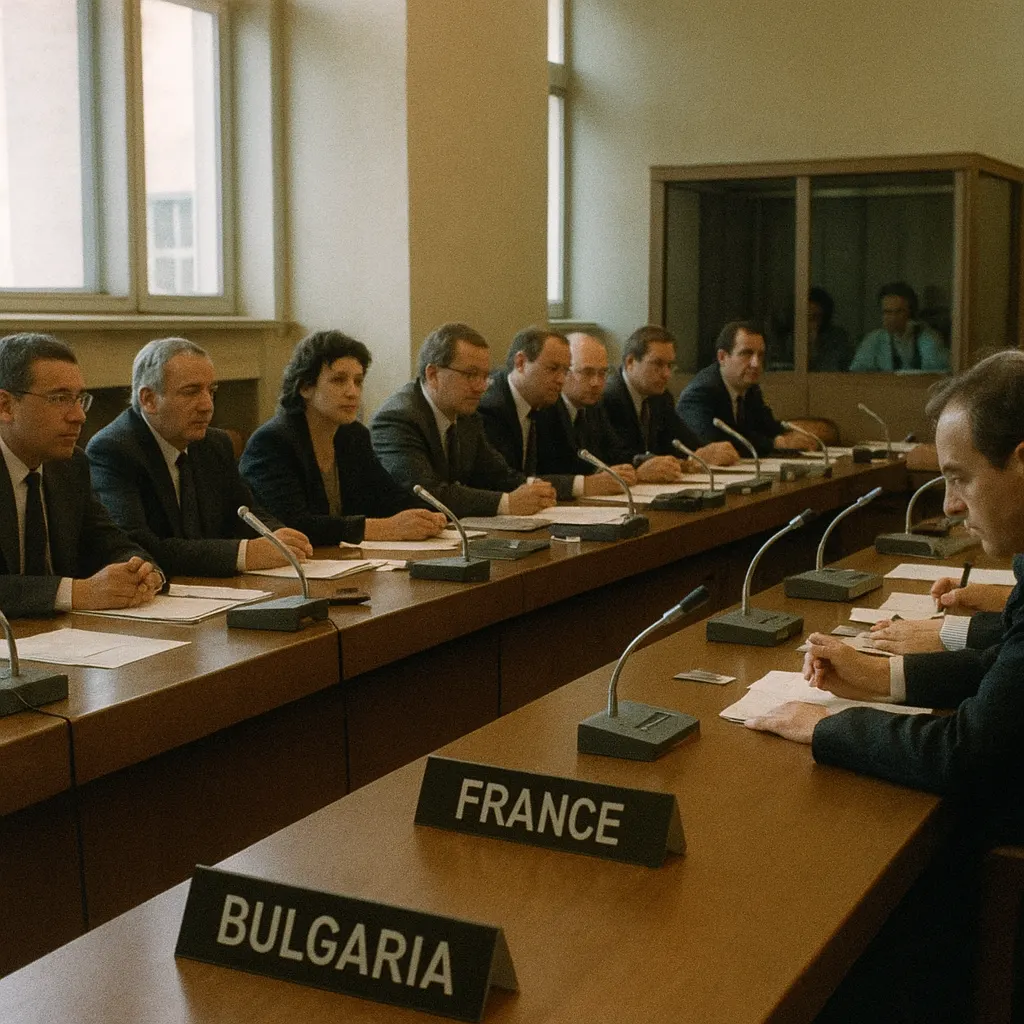 UN delegate assembly during post-Soviet representation negotiations, 1993. Photograph shows multilingual configuration for coordinating Union and republic delegates.