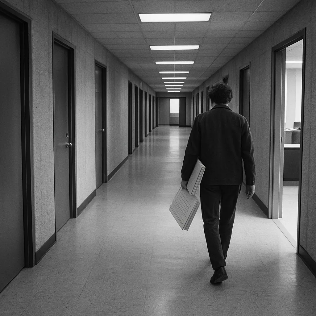 Corridor in a biostatistics research building at an American university, with early computational equipment, circa 1980.