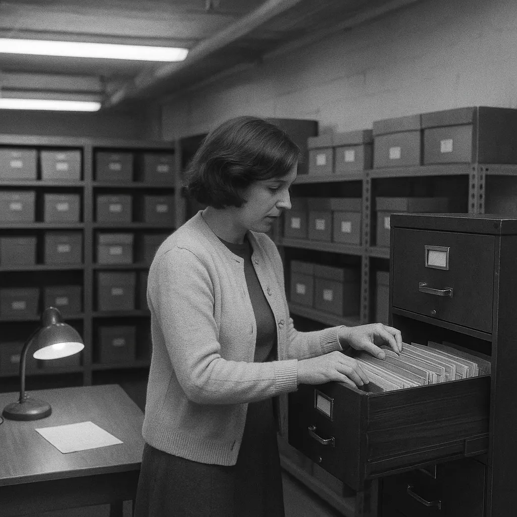 Archive reading room of the University of Stockholm library, mid-1970s, showing cataloguing materials and patient trial records storage.