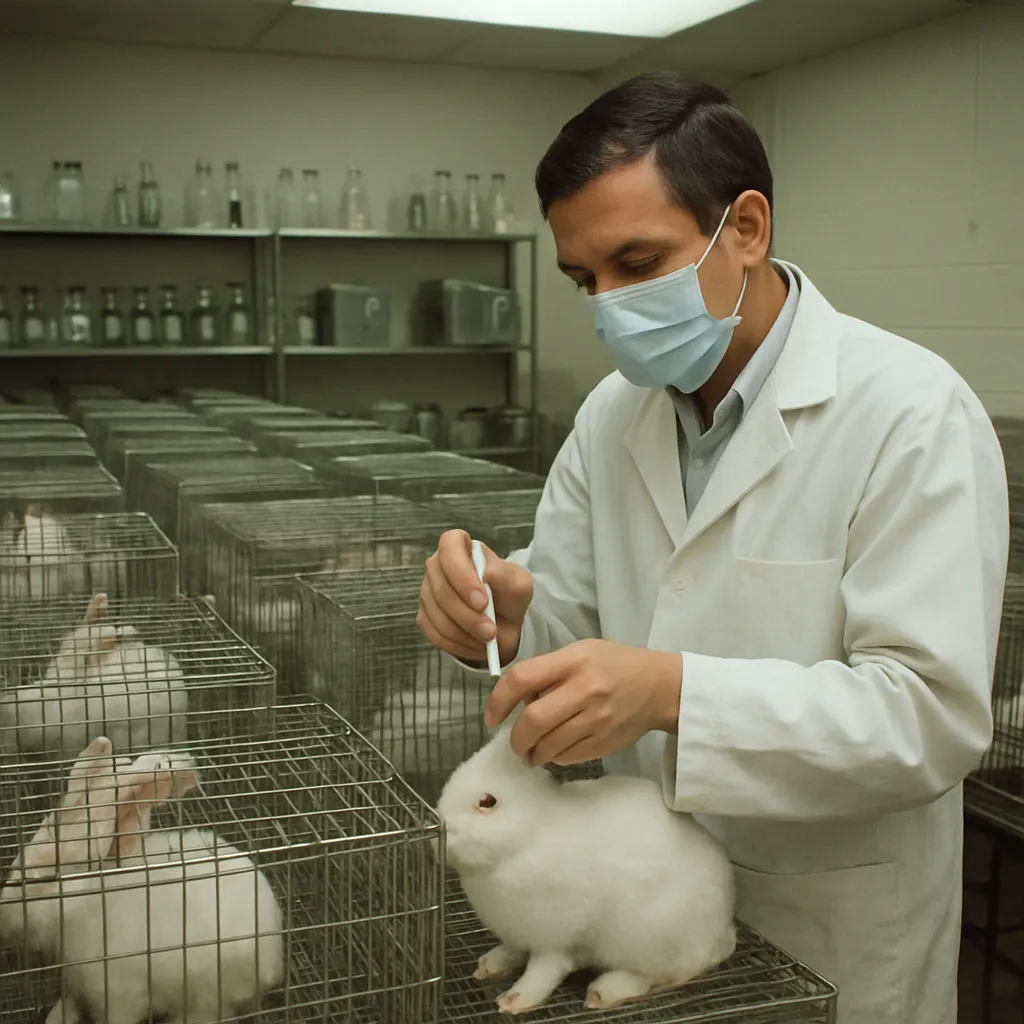 Hyperimmunized rabbit colony at a North American serum farm, late 1970s. Colour film photograph.