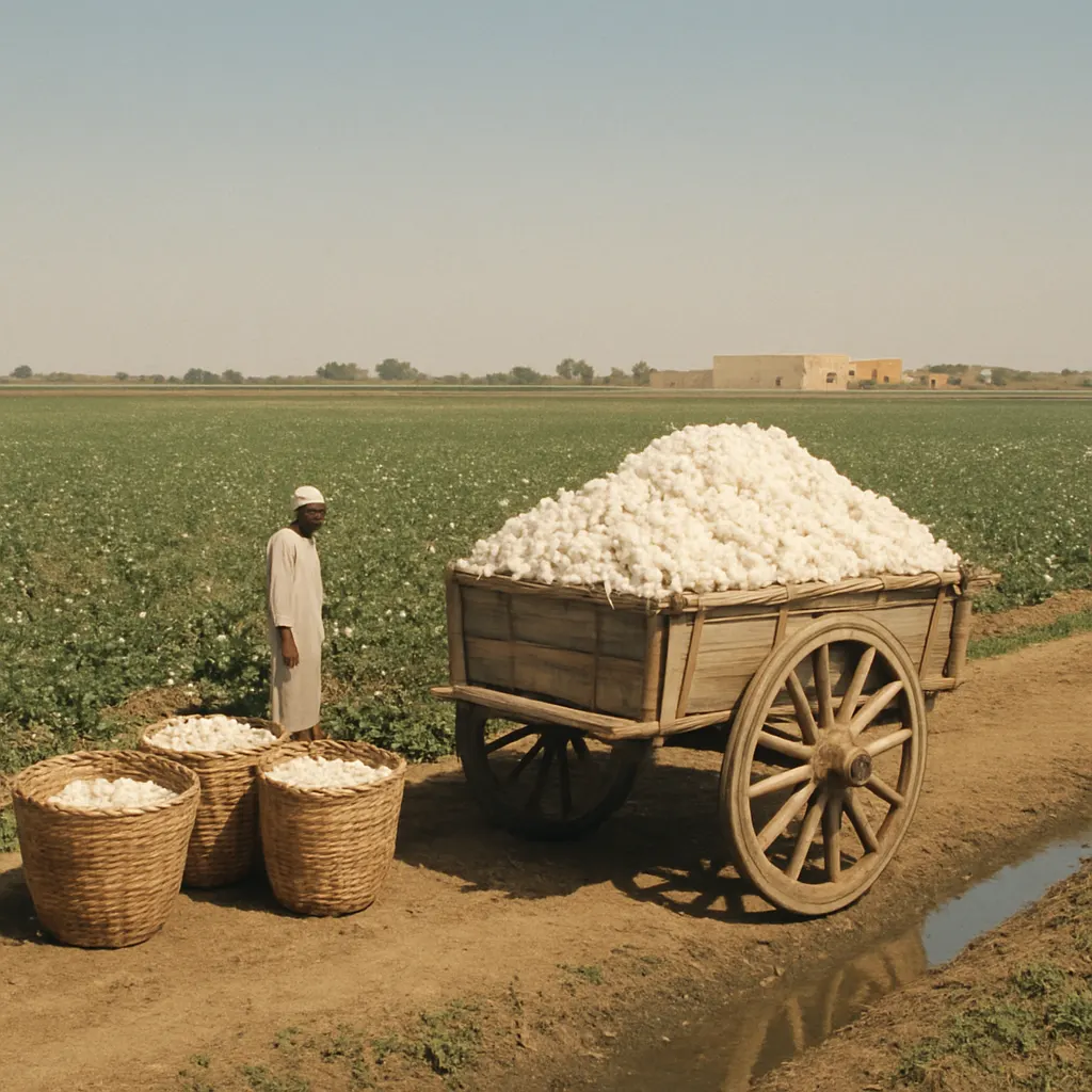 A cotton-picking cart and baskets at the edge of an irrigated field under cloudless sky, with a small settlement visible in the distance.