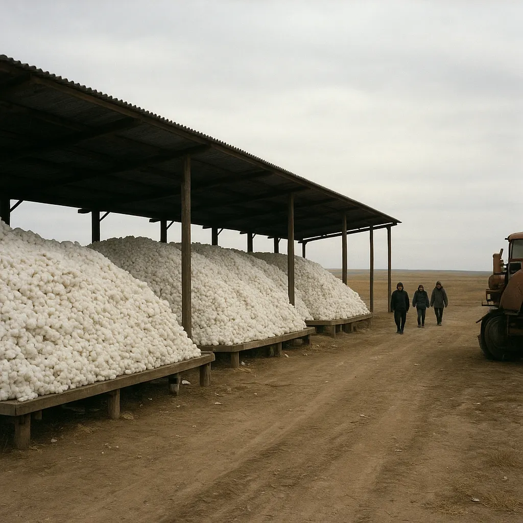 Cotton storage facility on a collective farm in the Fergana Valley, Uzbekistan, 1997. Medium: colour 35mm film, hand-held press camera.